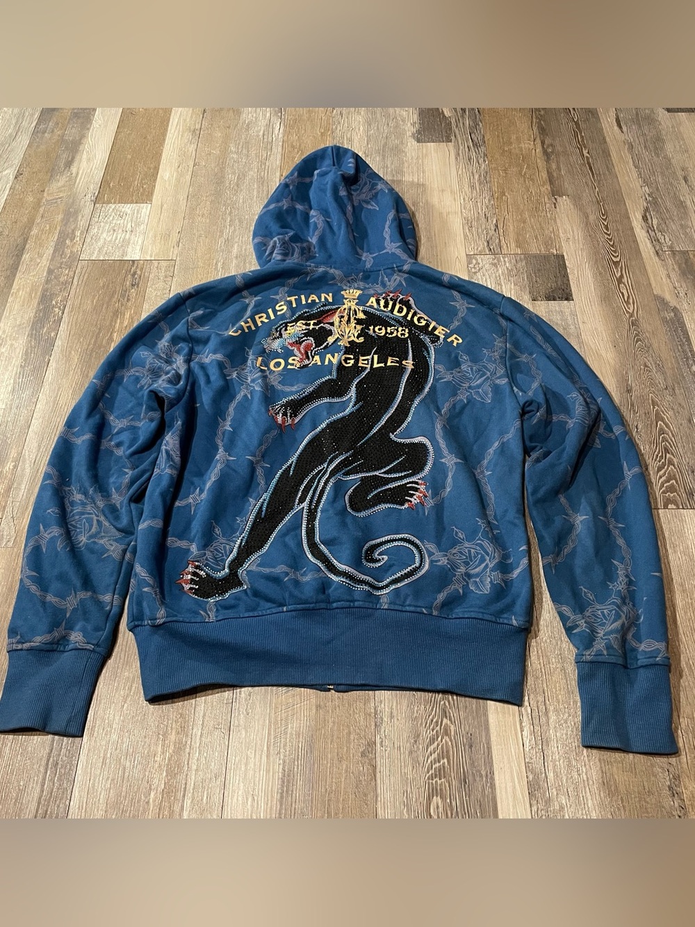 Rare Christian Audigier Black Panther Hoodie Casual Rhinestone Skulls Spikes